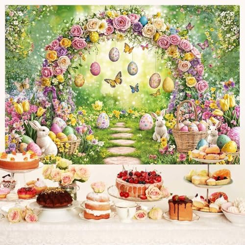 Spring Happy Easter Backdrop, Enchanted Forest Colorful Eggs Rabbit Bunny Floral Butterfly Photography Background, Fairy Tale Wonderland Garden Party Decorations Banner Photo Studio Props 15X10FT - Image 5