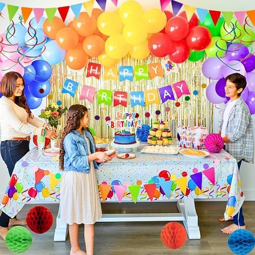 275 PC Colorful Birthday Party Decorations for Boy, Girl- Rainbow Party Supplies, Happy Birthday Banner, Balloons Garland Arch Kit Tablecloth Honeycomb Cake Topper Plates Cups Napkins Straws, 25 Guest - Image 4