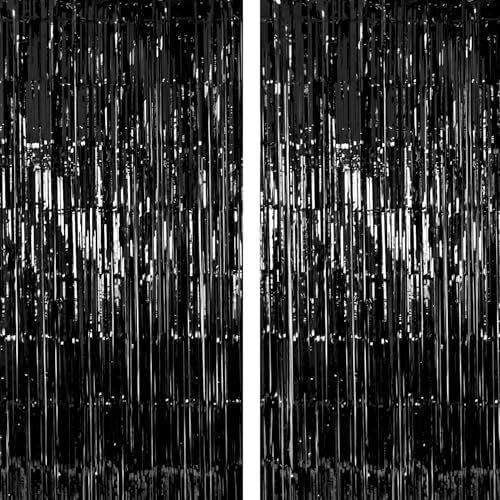 2 Pack Thickened Black Metallic Foil Fringe Curtains Streamer Rip Resistant Shimmer Tinsel Photo Booth Backdrop for Birthday Wedding Christmas Bachelorette Party Decorations 3.28ft x 6.56ft by Unknown