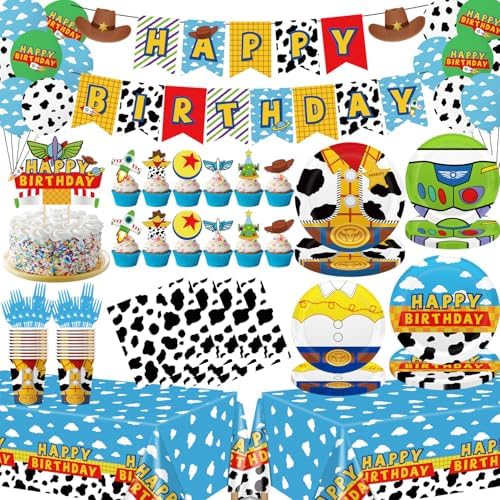 Story Birthday Party Decorations 130pcs for 20 Guests,Include 1 Banner, 12 Cupcake Topper, 1 Cake Topper,40 Paper Plates,20 Napkins,20 Paper Cups,2 Plastic Tablecloth,20 Forks,14 Latex Balloons by LANFUBEISIPARTYSUPPLIES