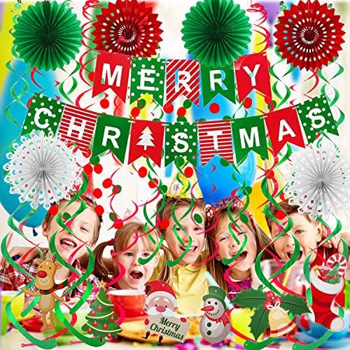 FECEDY Merry Christmas Banner Paper Fan Flower Circle Confetti Dots Hanging Garlandand Swirl Streamers Christmas Tree Christmas Snowman God Tang for Christmas Party Decoration - Image 6