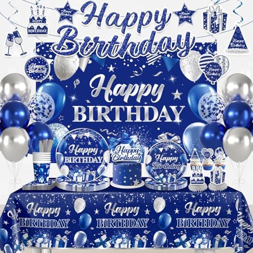 181Pcs Blue and Silver Birthday Decorations for Men, 20 Serves by Unknown
