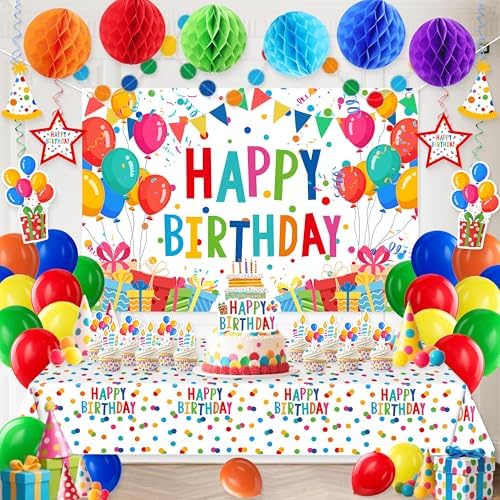 Happy Birthday Decorations For Women Men,Birthday Backdrop,Banner Balloons,Table Cloth,Paper pom poms Party Supplies for Girls Boys (Colorful) by Jenlion