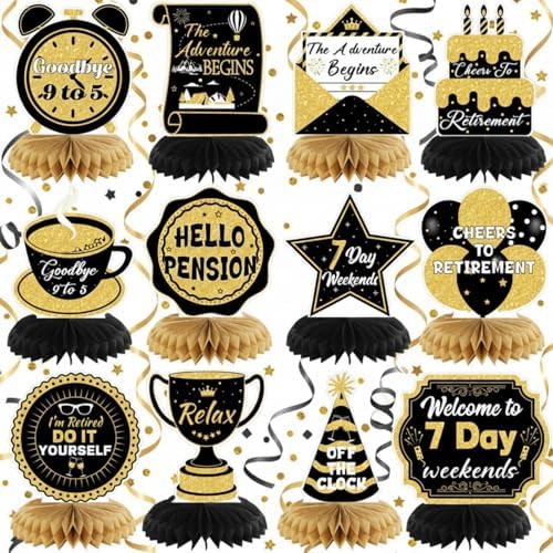 Pickmesh 12 Pcs Retirement Party Decorations Honeycomb Gold Glitter Retirement Table Centerpieces 3D Double Sided Hello Pension Table Decoration Topper for Men Women Party Favors Supplies by Pickmesh