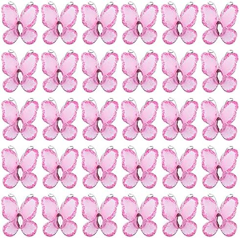 AUEAR, 50 Pack Sheer Mesh Wire Glitter Butterfly with Gem for Home and Wedding Decoration Party Wall Decorations (Pink) by AUEAR
