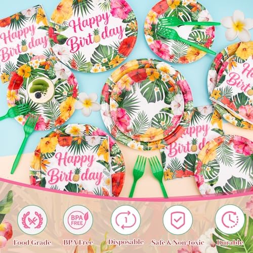 REDWORD Hawaiian Birthday Party Decorations, 99Pcs Hawaiian Plates and Napkins-Serve 24 With Birthday Banner Tablecloth Disposable Luau Plates for Luau Birthdays Tropical Summer BBQ Party Decorations - Image 3