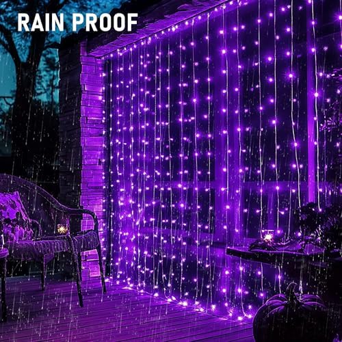 Dazzle Bright 300 LED Christmas Curtain String Lights, Halloween Fairy Lights for Bedroom with 8 Lighting Modes, Waterproof Window Light Party Wedding Garden Wall Decor, Purple - Image 6