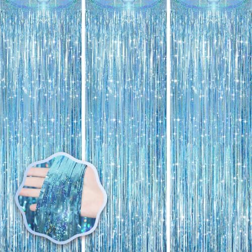 Voircoloria Laser Light Blue Fringe Backdrop Curtains, 3.3x8.2ft, 3 Pack by Voircoloria