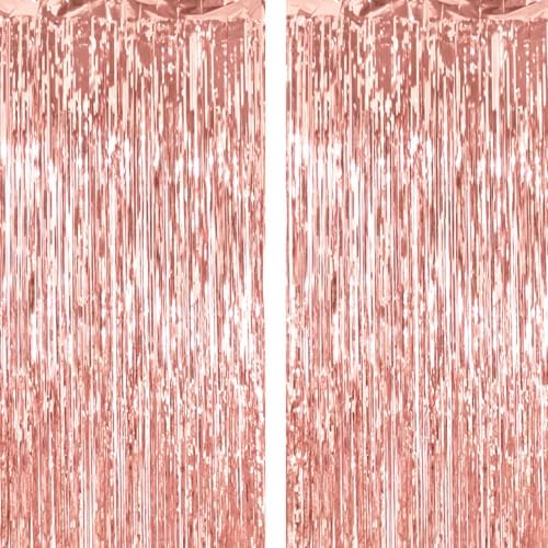 2 Pack Thickened Rose Gold Metallic Foil Fringe Curtains Streamer Rip Resistant Shimmer Tinsel Photo Booth Backdrop for Birthday Wedding Christmas Bachelorette Party Decorations 3.28ft x 6.56ft by Unknown