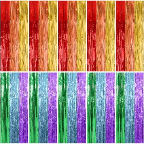 10 Pack Rainbow Backdrop Party Decorations Tinsel Curtain Party Streamer Foil Fringe Birthday Decorations Photo Booth Colorful Theme First Day of School Engagement Baby Shower Decor by BOMSI