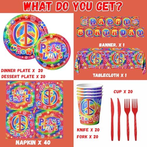 Tie Dye Birthday Party Supplies, 60's Hippie Theme Tableware Set Include Groovy Paper Plates Peace Love Napkins for Groovy 60s Party Supplies,Tie Dye Party Decorations - Image 6