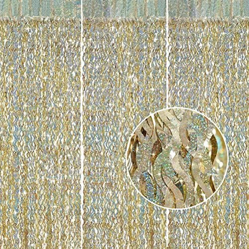 Champagne Gold Foil Fringe Backdrop - CYLMFC 3 Pack 3.3 ft x 6.6 ft Sparkle Tinsel Foil Fringe Backdrop Curtains for Birthday Anniversary Retirement Party Decorations by CYLMFC