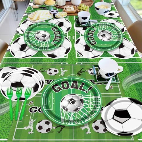 Soccer Party Supplies Kit Serve 20, Disposable Tableware Set Includes Dinner Plates, Dessert Plates, Napkins, Forks, Tablecloths for Boys Birthday Sports Theme Party Decorations - Image 7