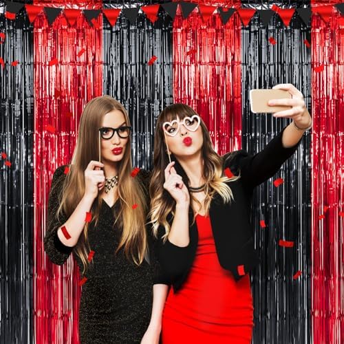 6 Pack 3.3Ft x 6.6Ft Graduation Foil Fringe Curtain Backdrop Decorations, Red Black Metallic Tinsel Foil Streamers Curtain Photo Booth Background for Graduation Prom Wedding Birthday Party Decorations - Image 2