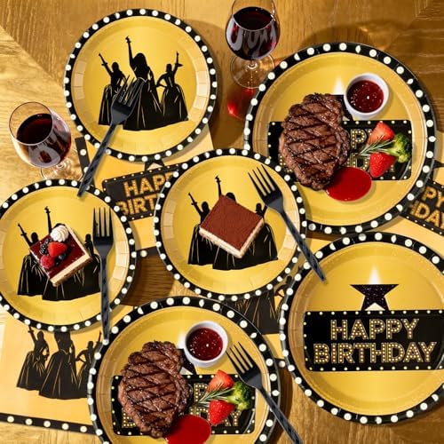 GaofanWai Famous Musical Star Tableware - 96PCS Black & Gold American Musical Theater Party Paper Plate Set for Adult Fans, Inspired Happy Birthday Party Decoration Dinnerware Napkin Fork, 24 Guests - Image 6