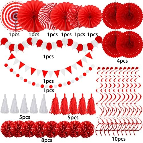ZERODECO Party Decorations, 41 Pcs Red Papar Fans Pompoms Garlands String Tissue Paper Tassel for Graduation Congrats Grad New Years Spring Festival Wedding Birthday Party - Image 3
