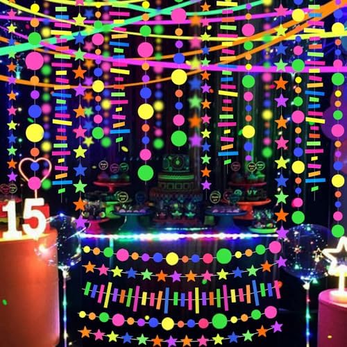 120feet UV Star Paper Neon Garland Neon Streamers Black Light Neon Decorations for Dark Glow Party UV Reactive Neon Party Favors Glow in The Dark Party Supplies for Party Wedding Birthday Banners - Image 7