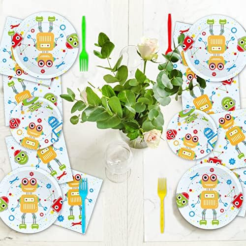 Wiooffen 96pcs Robot Birthday Party Decorations Supplies Paper Plates Napkins Disposable Cake Dessert Tableware Set Robots Theme Baby Shower Favors For Boys Kids, Serve 24 - Image 5