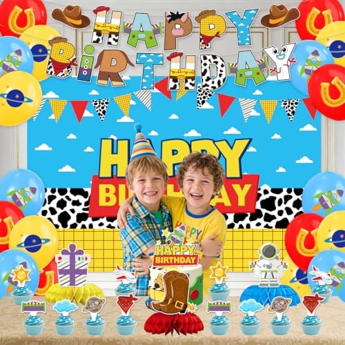 Toy Cartoon Birthday Party Decorations Toy Themed Party Supplies Include Happy Birthday Banner, Backdrop, Balloons, Cake Topper, Honeycomb - Image 5