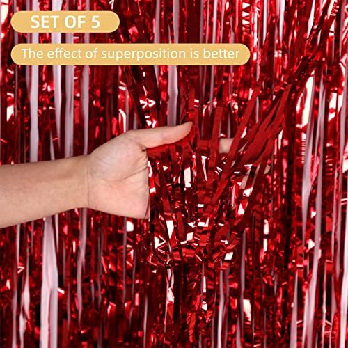 5 Pack Red Foil Curtain Backdrop 3.2ft x 9.8ft Metallic Tinsel Foil Fringe Curtains Streamer Photo Booth Backdrop for Birthday Party Engagement Bachelorette Party Decorations (Red) - Image 2