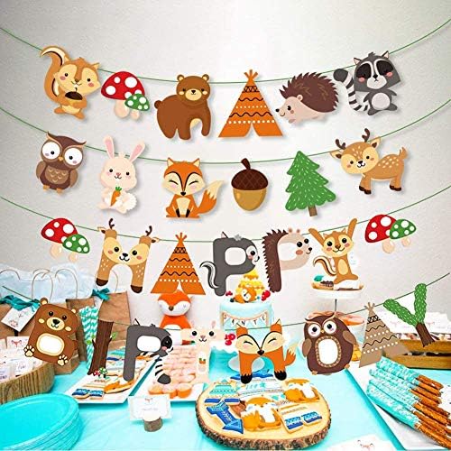 Woodland Party Decorations Woodland Happy Birthday Banner with Forest Animal Bunting Garland for Kids Boys Girls Woodland Birthday Party Supplies - Image 2
