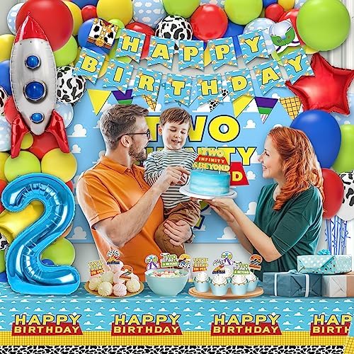 Two Infinity and Beyond Birthday Decorations - 105 Pcs Toy Inspired Story 2nd Birthday Party Supplies Include Banner, Balloons, Backdrop Film, Balloon Cake Topper, Tablecloth - Image 5