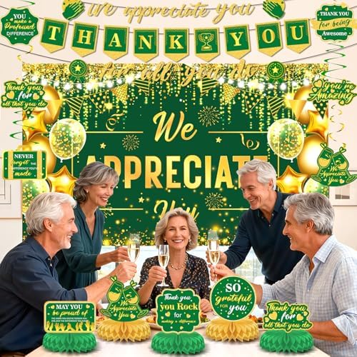 We Appreciate You Party Decorations Green Gold Thank You for All You Do Banner Honeycomb Centerpieces Hanging Swirls for Office Employee Pastor Teacher Doctor Labor Day Boss Appreciation Party Decor - Image 4