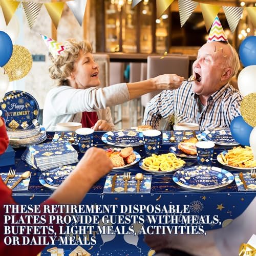 Funnymoom 452 Pcs Retirement Party Decorations Supplies Set Include Blue Gold Retirement Paper Plates Napkins Cups Tablecloth Cutlery Straws for Men Women Say Goodbye Party - Image 5