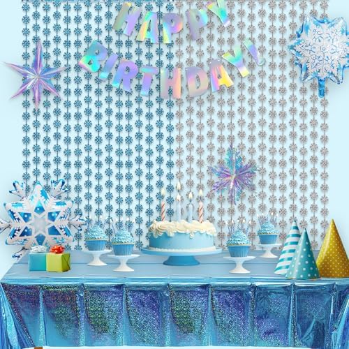 Silver Blue Snowflake Fringe Curtain -3.2ft x 6.5ft - 2 Pack - Image 2