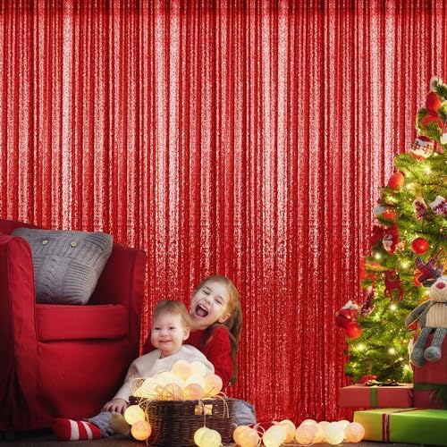 2×8FT-2PCS Red Sequin Backdrop Curtains Panels, Photography Backdrop Glitter Curtains Fabric Background for Christmas Wedding Party Decor - Image 3