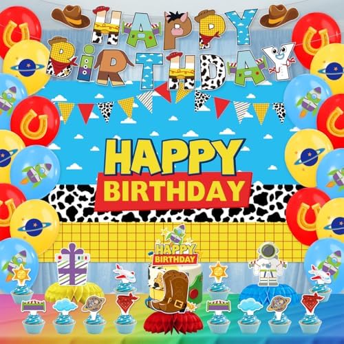 Toy Cartoon Birthday Party Decorations Toy Themed Party Supplies Include Happy Birthday Banner, Backdrop, Balloons, Cake Topper, Honeycomb - Image 4
