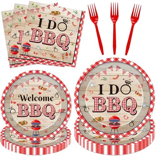 BBQ Party Tableware Decorations - 96 Pcs I Do BBQ Plates Napkins Forks Decorations, Red Gingham Dinnerware Set for Summer Bachelorette Wedding Bridal Party Serve 24 by Pinglooko
