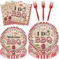 BBQ Party Tableware Decorations - 96 Pcs I Do BBQ Plates Napkins Forks Decorations, Red Gingham Dinnerware Set for Summer Bachelorette Wedding Bridal Party Serve 24 by Pinglooko