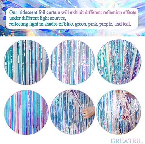 Iridescent Party Streamers Backdrop - GREATRIL Neon Transparent Holographic Tinsel Foil Fringe Curtain for Mermaid/Frozen/Sea/Euphoria/ERAS Party Theme Decorations 3.2ft x 6.5ft 2 PCS - Image 6