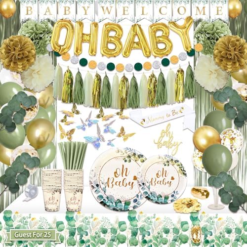 Guudmua 217 Pcs Sage Green Baby Shower Decorations, Neutral Baby Shower Decor Supplies- Disposable Dinnerware Set With Eucalyptus Leaf (25 Guest), "OH BABY" Banner, Balloon, Sash, Cake Topper by Guudmua