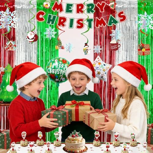 Christmas Party Decorations Set, Merry Christmas Banner, Multicolor Fringe Curtains, Xmas Tree Deer Tablecloth, Santa Cake Topper, Foil Balloons, Snowman Hanging Snowflakes Swirls - Image 6