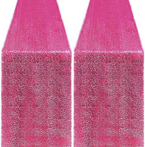 2 Packs 12 x 72 inches Sequin Table Runner, Hot Pink Glitter Table Runner for Birthday Party Supplies Wedding Engagement Baby Shower Holiday Celebration Event Decorations by Yblut