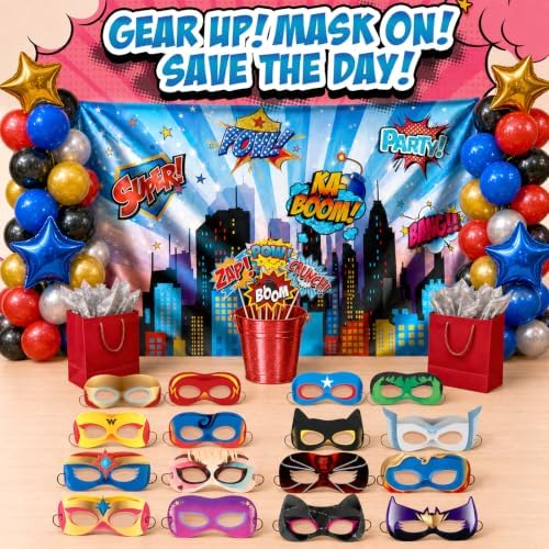 Wonder Woman and Other Superheroes Cityscape Photography Backdrop, Studio Props & Mask. Great as Super Hero City Photo Booth Background – Birthday Party & Event Decorations - Image 3
