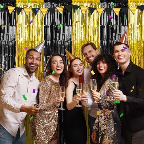 6Pack 3.3Ft x 6.6Ft Graduation Foil Fringe Curtain Backdrop Decorations, Black Gold Metallic Tinsel Foil Streamers Curtain Photo Booth Background for Graduation Prom Wedding Birthday Party Decorations - Image 2