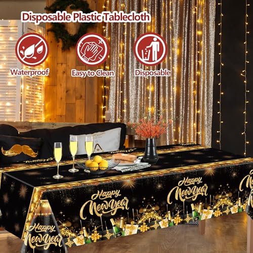 BCCSNNMN 3 Pcs Happy New Year Tablecloths,Rectangle Disposable Plastic Black Gold NYE Table Covers for New Years Eve Party Table Decorations Supplies 54" X 108" - Image 3