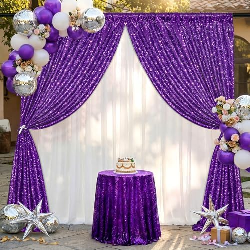 Purple Sequin Backdrop 2 Pieces 2ftx8ft Wedding Glitter Curtain Backdrop Arch Fabric Drapes for Baby Shower Birthday Party Decoration - Image 4