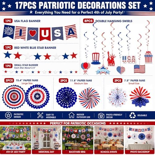 Red White Blue Party Decoration, USA Veterans Day Banner Paper Fans - Image 2