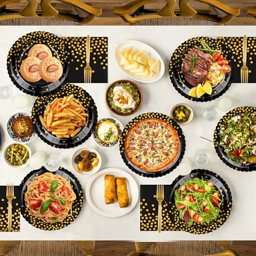 90 Pcs Black and Gold Plates and Napkins Party Supplies, Scalloped Gold Polka Dots Tableware Set Include Black Gold Dot Cake Dessert Plates, Napkin, Fork for Wedding, Retirement, Birthday, New Year - Image 6
