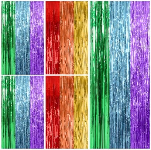 5 Pack Rainbow Party Backdrop Streamers Decorations Colorful Foil Fringe Curtains Metallic Tinsel Backdrop for Birthday First Day of School Engagement Baby Shower Christmas Holiday Party Decor by KEJ
