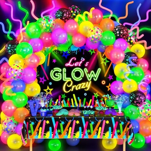 SNLN 161Pcs Neon Party Decorations Glow in the Dark Birthday Supplies Neon Balloon Arch Kit & Backdrop Tablecloth UV Blacklight Luminous Glow Balloons Kids Teen Adult Rainbow 80s 90s Disco Party Decor by SNLN