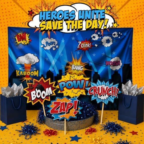 Superheroes Theme Party Photography Backdrop with Props. Super Hero Cityscape Photo Booth Background for Kids Party, Birthday Wall Decorations - Image 2