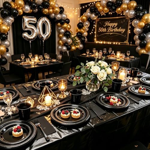 100 Guests Black Plastic Plates and Napkins Party Supplies for Birthday - Image 5