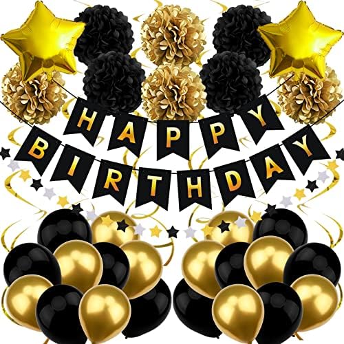 Birthday Decorations for Men, Black and Gold Party Decorations Happy Birthday Banner for Boys Men 40th 50th 60th 70th 80th 90th Party Supplies by Recosis