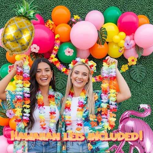 Summer Tropical Balloon Arch Kit Hot pink yellow orange Balloon Luau Flower Card Sticker palm leaves Hawaiian leis For Baby Shower Flamingo Pool Parties Tiki Aloha Birthday Party Decorations - Image 3