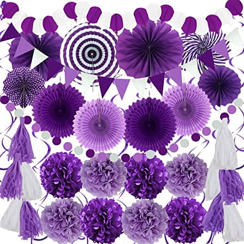 ZERODECO Party Decorations, 41 Pcs Purple Papar Fans Pompoms Garlands String Tissue Paper Tassel for Fiesta Home Bridal Baby Shower Wedding Boy Girl Birthday Party by ZERODECO